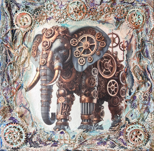 Canvas: Steampunk Elephant Mixed Media